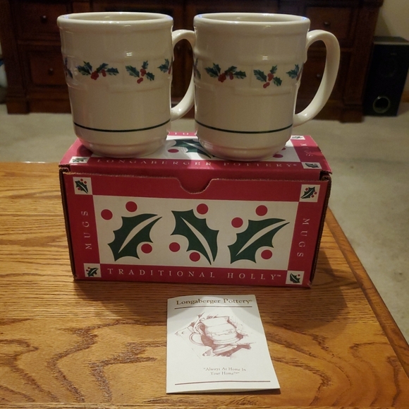 NEW LONGABERGER POTTERY Woven Tradition Holly Berry Christmas Mugs Set of 2 USA - Picture 1 of 5